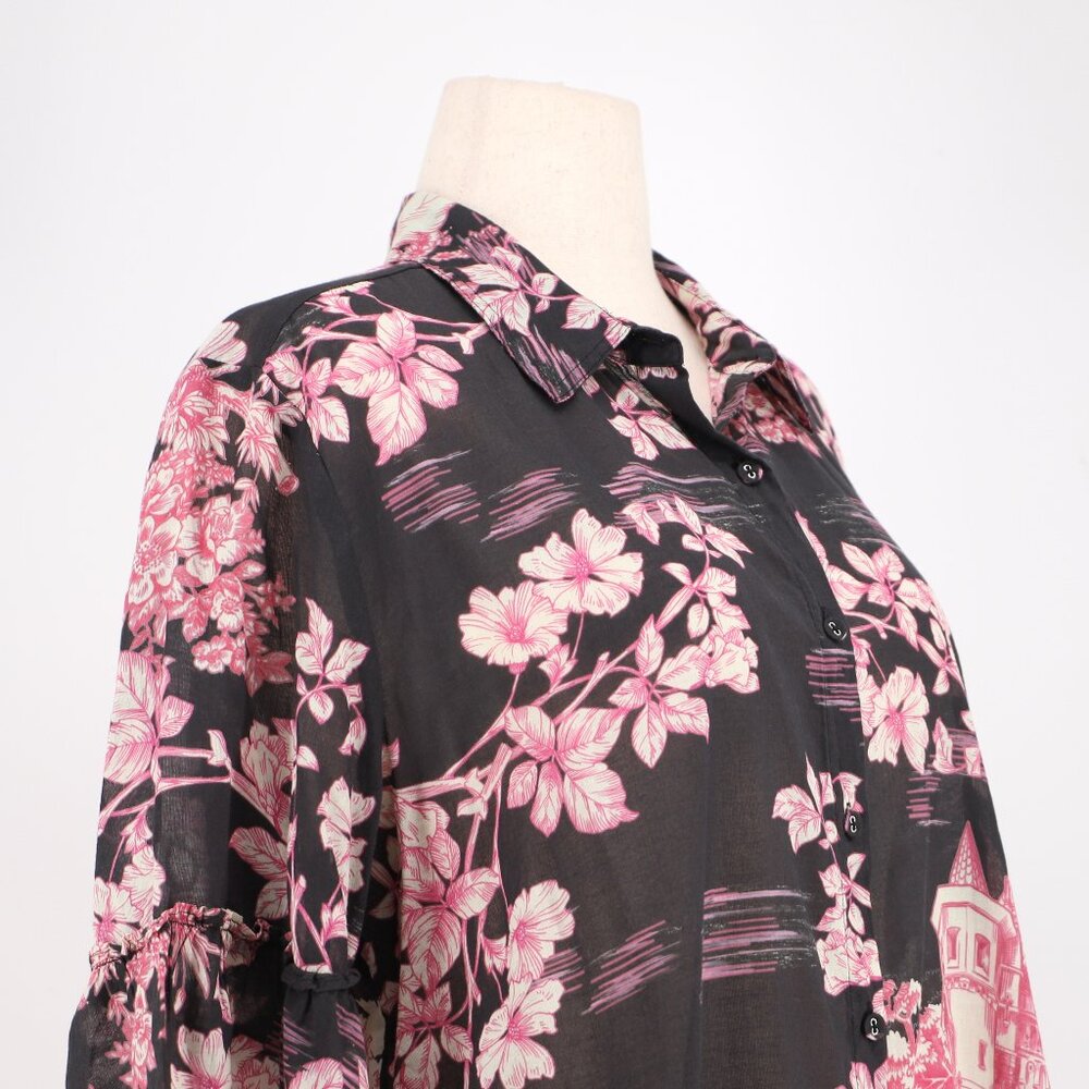JOHNNY WAS House on the Hill Ruffle Sleeve Blouse Pink/Black Size L - Picture 3 of 13